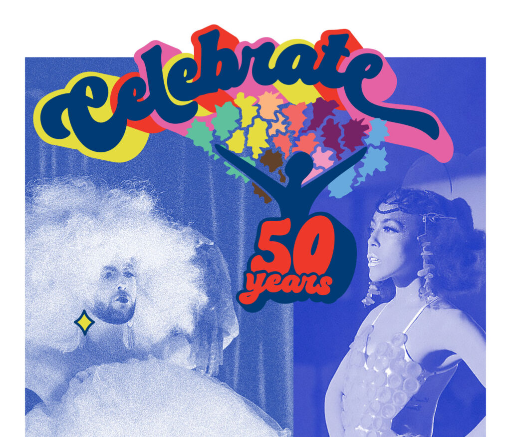 drag queen and woman wearing condoms celebrate 50 years