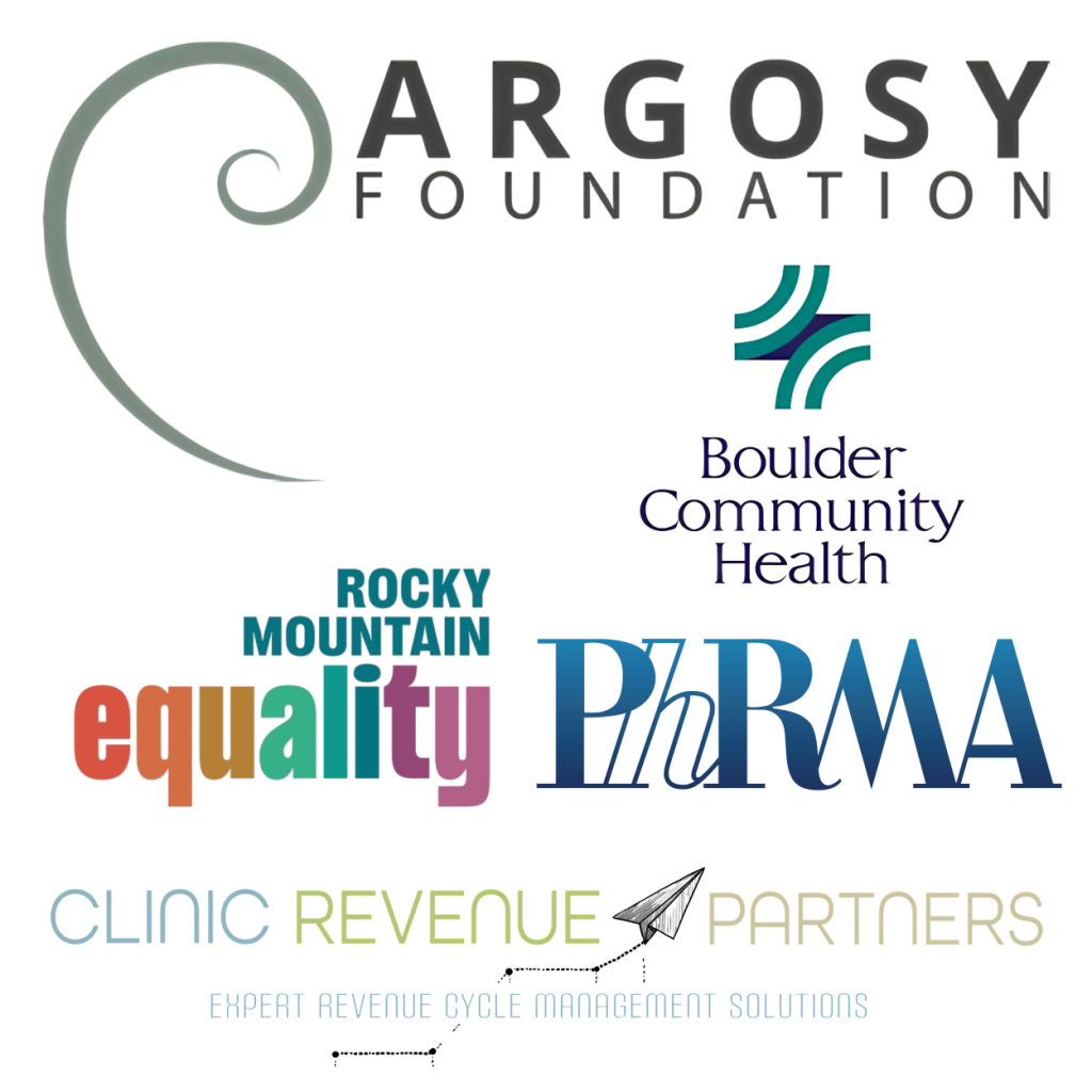 Collage of logos from partner organizations: Argosy Foundation, Boulder Community Health, Rocky Mountain Equality, PhRMA, and Clinic Revenue Partners.